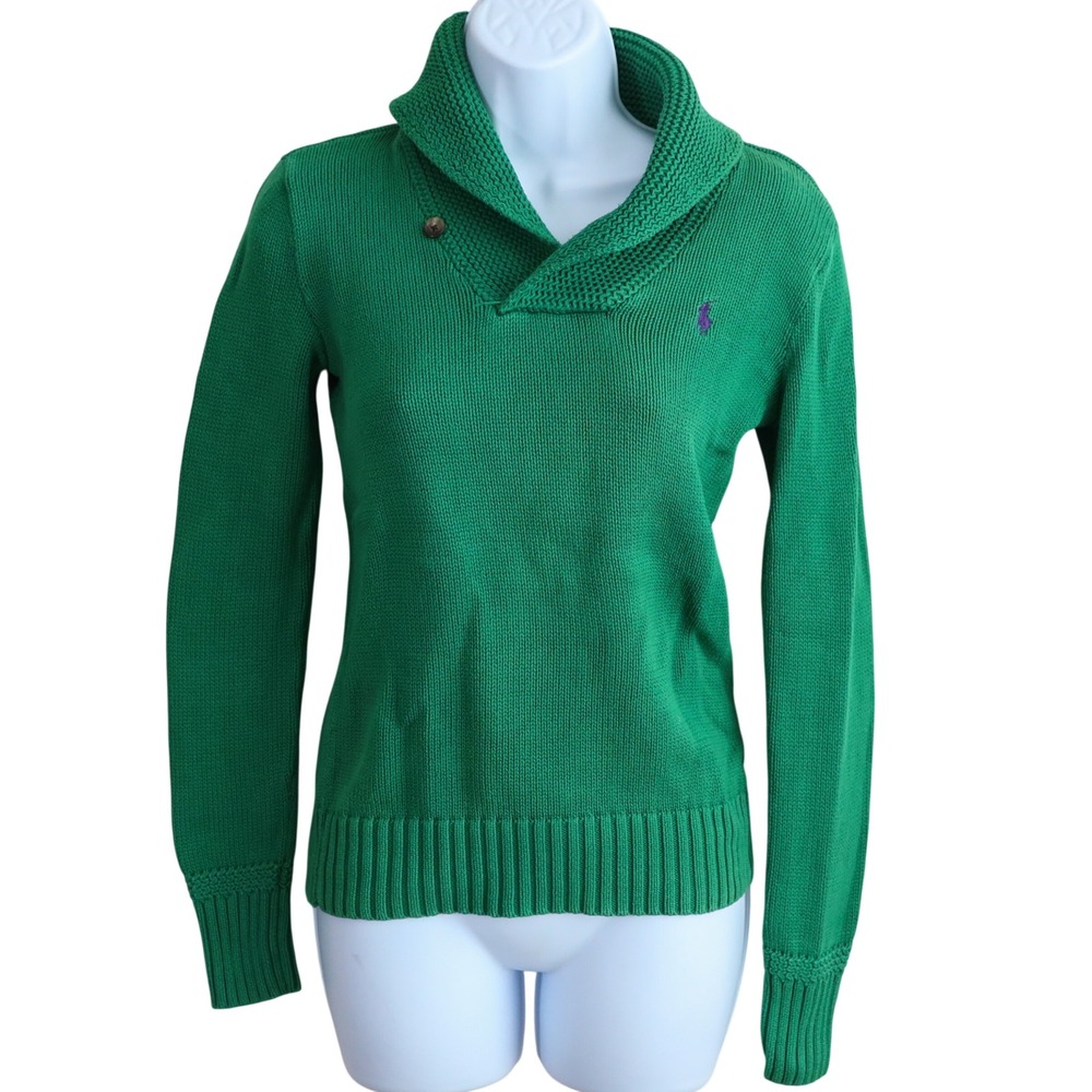 Ralph Lauren Sport Sweater Women Small Green Shawl Neck Cotton Knit Purple Pony